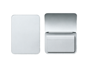 Light gray, rectangular card case, open & closed