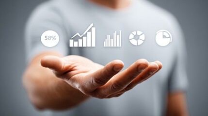 Data-Driven Finance Concept: Hand Above Floating Analytics Dashboard Icon Set with Copy Space on Fintech Business Tech Background