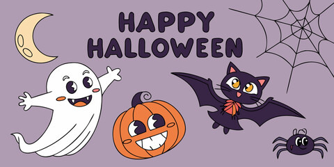 Cute Halloween Vector Illustration – Ghost, Pumpkin, Black Cat, and Spider Webs