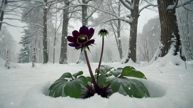 Cinematic hellebore blooming in snowfall with moody winter forest