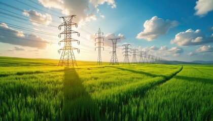 Smart energy grid with eco friendly features in vibrant green landscape. Power lines, transmission towers march across field under clear blue sky with fluffy clouds. Reflects renewable energy