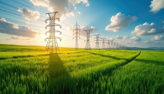Smart energy grid with eco friendly features in vibrant green landscape. Power lines, transmission towers march across field under clear blue sky with fluffy clouds. Reflects renewable energy