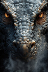 Fototapeta premium Close-up vertical portrait of a dragon's face with glowing amber eyes, detailed scale texture and steam rising from its nostrils, intense and mystical look,.