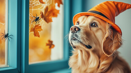Golden retriever dog wearing orange witch hat looking out window with autumn leaves and spider web decoration, cozy Halloween mood