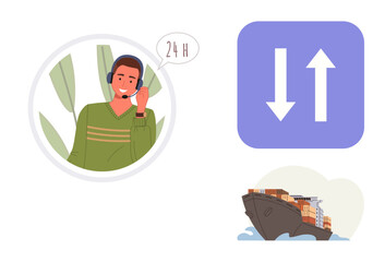 Person with headset providing 247 service, arrow exchange symbol for logistics, cargo ship at sea. Ideal for logistics, customer support, global trade, shipping, helpline service, transport flat