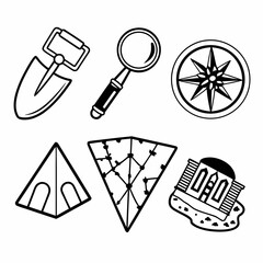Fototapeta premium Archaeology icons set featuring shovel, magnifier, compass, and other related symbols isolated on white background