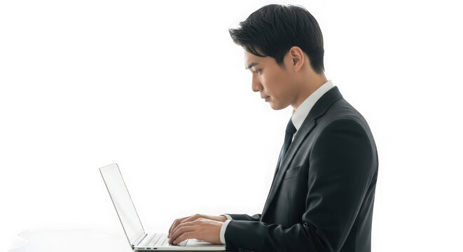 Focused asian businessman typing on laptop in formal attire professional business workspace transparent background - Powered by Adobe