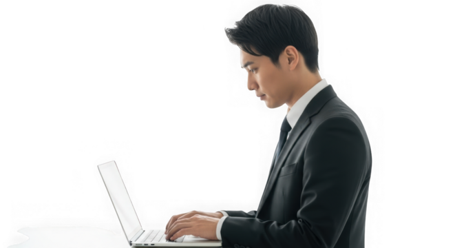 Focused asian businessman typing on laptop in formal attire professional business workspace transparent background - Powered by Adobe
