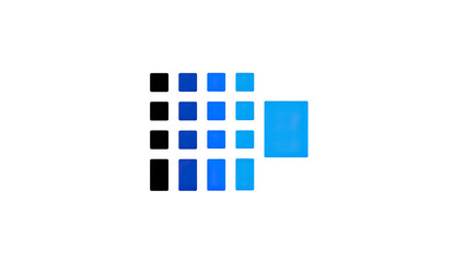 Abstract, pixelated, graphic design.  Blue squares,  partially overlapping, on black background.  Distorted, glitch effect