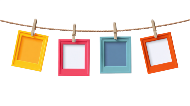 Four Instant Photo Frames Hanging on Rope isolated on transparent background Remove png, Clipping Path, pen tool