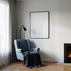 Cozy Reading Nook: Armchair with Blanket Lamp and Fireplace in Minimalist Interior.