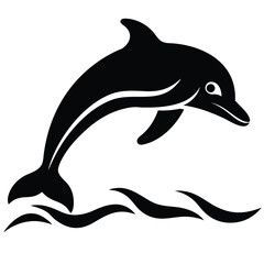 A simple black and white vector silhouette of a marine mammal, like a dolphin, swimming in the ocean