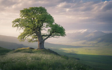 Fototapeta premium Solitary ancient oak tree on a grassy hill overlooking a valley