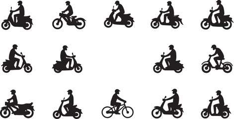 Vector illustrations of cyclists on various bikes, including silhouettes of people racing on a motocross track