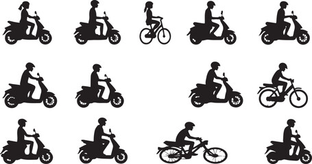 Set of black vector silhouettes of cyclists on bicycles and motorcycles, performing extreme jumps and stunts