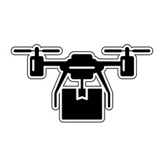 Drone delivering package with cargo box in black silhouette  