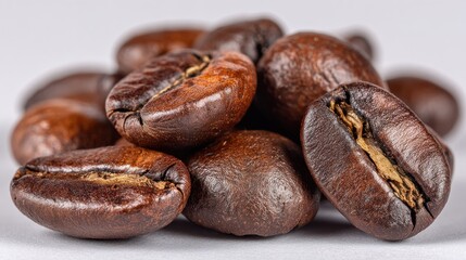 Pile of shiny roasted coffee beans, close-up detail