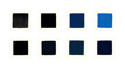 Six-by-six array of color swatches.  Shades of dark and deep blue, and black.  Squares in frames,  uniform size,  laid out in rows and columns