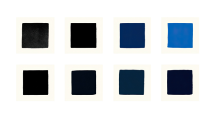 Six-by-six array of color swatches.  Shades of dark and deep blue, and black.  Squares in frames,  uniform size,  laid out in rows and columns