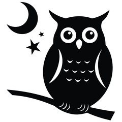 A whimsical cartoon owl with big eyes and outstretched wings perches on a branch, silhouetted against the night sky