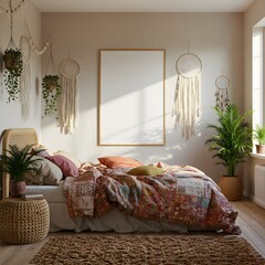 Sunlit Bohemian Bedroom Interior: Warm Hues Macrame Decor and Lush Plants.