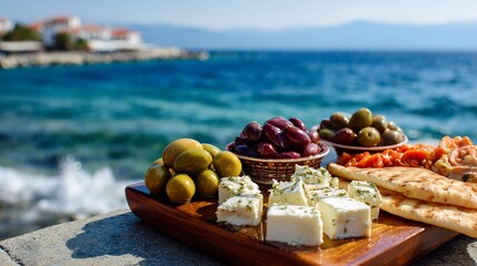 Greek mezze platter olives feta cheese pita bread seaside background