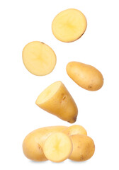 yellow potatoes, whole and halved, on a stark transparent background