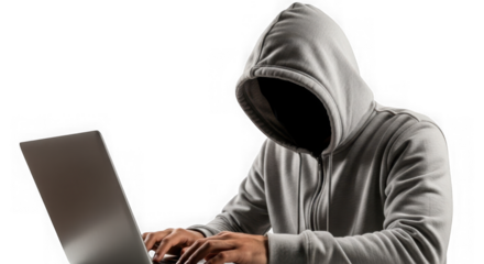 Hooded hacker working on laptop cybercrime and digital security threat concept transparent background
