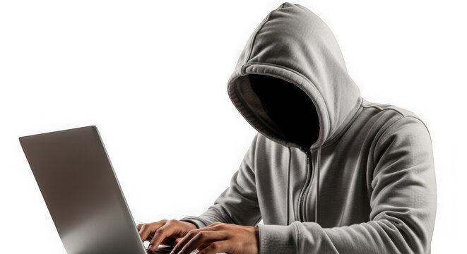Hooded hacker working on laptop cybercrime and digital security threat concept transparent background