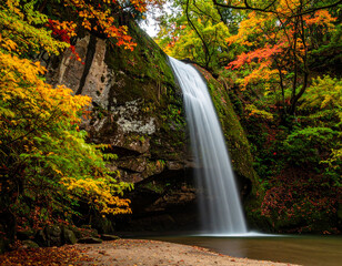 Fototapeta premium Waterfall in Autumn Forest: Cascading Water and Colorful Foliage