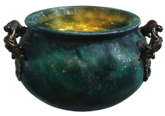 A large, ornate cauldron.  Dark teal-green metal with gold highlights, speckled texture.  Golden liquid inside, glowing softly.  Sculptural handles