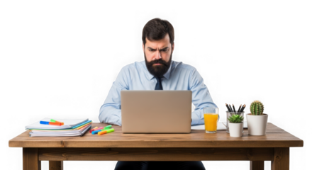 Focused man working on laptop at wooden desk with office supplies and green plants transparent background