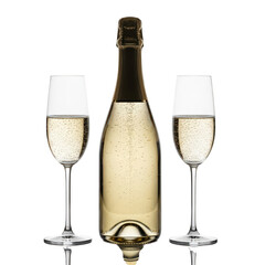 Champagne bottle and glasses isolated on transparent background for celebration