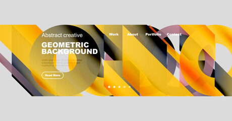 Abstract geometric banner design. Yellow, purple, gray layers create dynamic composition. Text highlights portfolio website elements.
