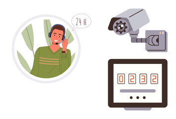 Man with headset providing 247 support, gear-enabled security camera, digital control panel counter. Ideal for security, customer service, monitoring, communication, surveillance, technology simple