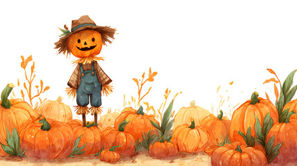 Whimsical pumpkin scarecrow welcomes autumn harvest celebration with vibrant gourds  isolated on white background
