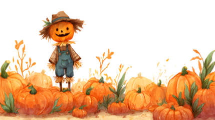 Whimsical pumpkin scarecrow welcomes autumn harvest celebration with vibrant gourds  isolated on white background