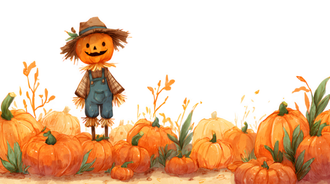 Whimsical pumpkin scarecrow welcomes autumn harvest celebration with vibrant gourds  isolated on white background