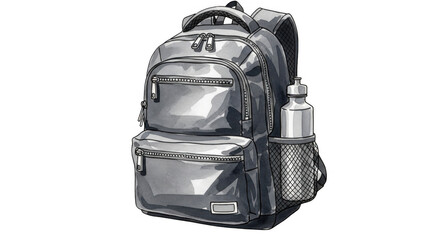 Naklejka premium Modern charcoal backpack illustration with zippers and a water bottle design