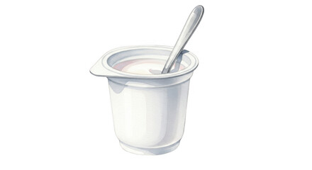 Drawing of a yogurt in a white container with a silver spoon insert illustration