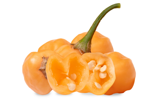 vibrant orange habanero peppers, some halved to display seeds