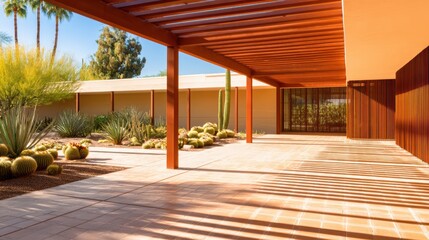 Fototapeta premium Modern architectural design featuring a serene courtyard with desert plants and a striking wooden structure