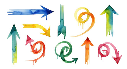 Colorful watercolor arrow collection with dripping paint effect. Hand-drawn set of various directional pointers for creative design.