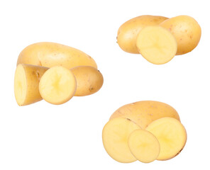 fresh yellow potatoes, some cut in half, showcase natural textures