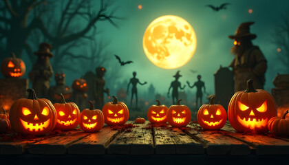 Spooky Halloween Party Scene with Glowing Jack-o'-Lanterns Under a Full Moon and Silhouetted Characters in the Background