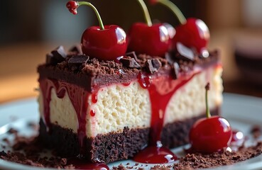 Decadent slice of Black Forest cheesecake adorned with fresh cherries, rich chocolate shavings, vibrant cherry sauce. Indulgent dessert features layers of creamy cheesecake, moist chocolate cake,