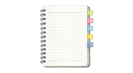 Open spiral notebook with lined pages and colorful tab dividers for organization