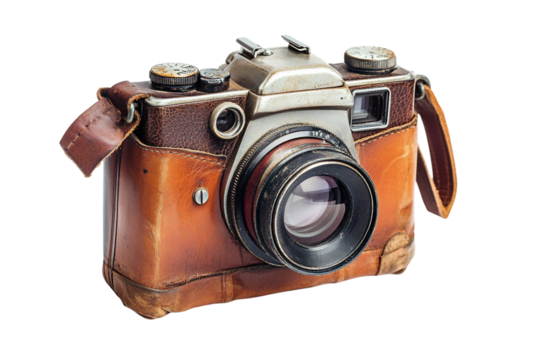 Classic vintage camera with leather case isolated on transparent background