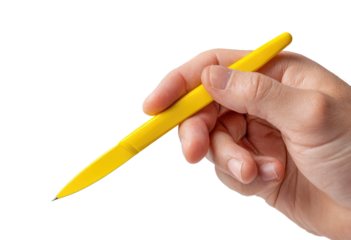 Hand holding a bright yellow pen