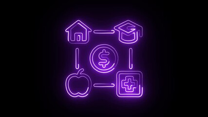 glowing neon basic needs free icon isolated, futuristic human essentials visualization, food shelter water clothing health digital representation hd video motion graphic animation